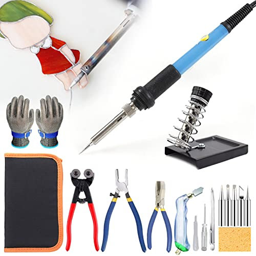 JKJZSALJ Stained Glass Kit,18Pcs Professional Stained Glass Start Up Set,Glass Cutter Tool Kit Soldering Iron Kit,For Glass Craft Enthusiasts And Beginners,With Tool Bag/Work Glov