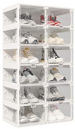 Mayi Box Caja de almacenamiento de zapatos de plástico transparente, organizador de zapatos plegable portátil para pasillo, apilable debajo de las escaleras con puerta magnética (transparente, 6