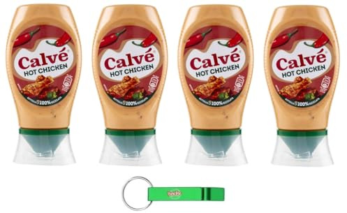 4x Calvé Salsa Hot Chicken - Ideale per dare vitalità e gusto a bocconcini di pollo e spiedini - Top Down 250ml + Portachiavi Beni Culinari in Omaggio