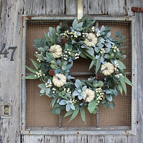 Huesdet Türkranz Herbst mit Weiß Kürbis Herbstkranz Herbst Türkranz mit Hängeseil für Thanksgiving Halloween Dekorationen Heimdekoration Urlaubsdekoration Hochzeit Party Dekoration Innen Außen