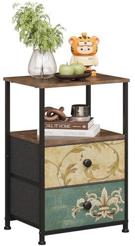 VEDECASA Kommode mit 2 Schubladen und offenem Regal Komodenschrank Böhmische Schminktisch Aufbewahrungsschrank Nachttisch Beistelltisch für Wohnzimmer Schlafzimmer Stabiler Stahlrahmen Holzplatte