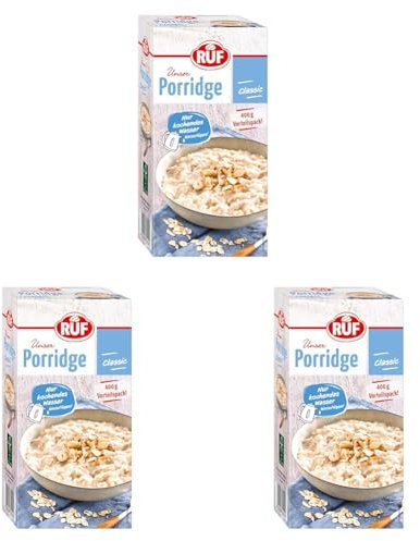 RUF Porridge Classic, gesunder Frühstück-Snack aus Vollkorn-Haferflocken, besonders lecker mit frischen Früchten oder Nüssen, Vorratspackung, 1 x 400g (Packung mit 3)