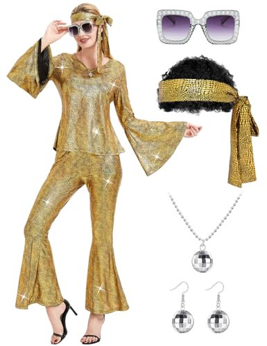 Ragelion Disco Outfit Damen,60er 70er Jahre Outfit Damen für Halloween Party mit Top Hose Zubehör (Goldene, XXL)
