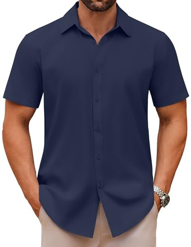 COOFANDY Chemise Manches Courtes Homme Slim Fit Chemises d'Été d'affaires Décontractées Couleur Unie Classique Chemisette Travail Homme Bleu Violet L