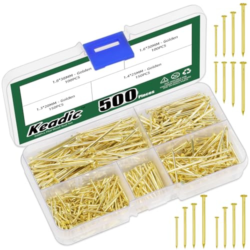 Keadic 500 Stück Nagel Sortiment Kit, 4 Größen, kleine Nägel für Hängen Bilder, Veredelung Nägel, Wandnägel für Hängen Pin, Hardware, Sortierte, verzinkte (Golden)
