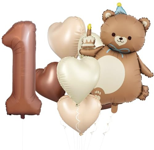 KOBOKO Bär Geburtstagsdeko 1 Jahr Junge, Luftballon 1. Geburtstag Junge Mädchen, Bären Luftballons Deko 1 Geburtstag Junge, Herz Folienballon Geburtstag 1 Jahr, Ballon Erster Geburtstag Junge Mädchen