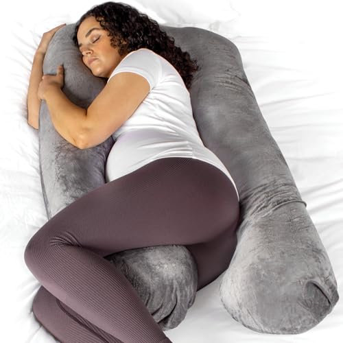 Aamira Dark Grey Pregnancy Pillow, 130x75x20cm U Shaped Shredded Memory Foam Maternity Pillow, Full Body Support Pregnancy Pillows for Sleeping, Machine Washable & Removable Velvet Cover
