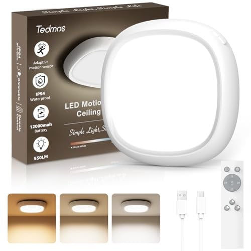 Lampara Techo Recargable USB con Sensor de Movimiento, 550LM Bateria 12000mAh IP54 Impermeable Plafon LED Techo con Pilas y Mando, Luz Techo Sin Cable y Sin Enchufe para Interior Pasillo Baño Garaje