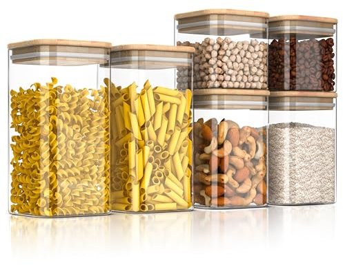 arendo - Set de 6 Récipients en Verre Hermétique Carré, 2x 10x10 cm, 2x 10x15 cm, 2x 10x20 cm, 1 à 2 litres, Verre borosilicate Boîte Conservation Alimentaire, Couvercle en Bambou, Joint en silicone