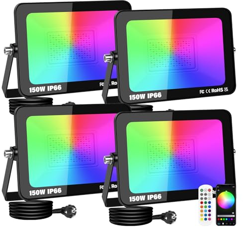 RIGIDON 4x RGB LED Strahler Fluter Außen, 150W 15000LM Smart RGBW Flutlicht | IP66 Farbwechsel Flutlichtstrahler mit APP & IR steuerung, Dimmbar Timer für Party Garten Baum Landschaft Disco Feiern Fest