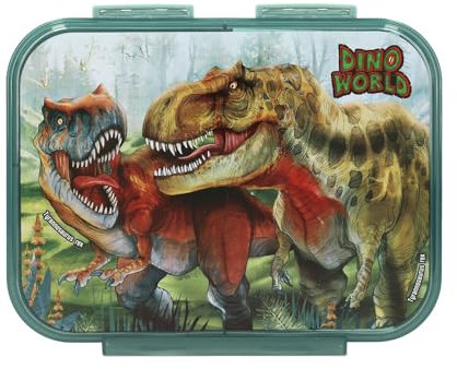 Depesche 13401 Dino World Bite - Brotdose in Dunkelgrün, mit Dinosaurier Motiv und Landschaft, Lunchbox mit 3 Fächern und Klappdeckel