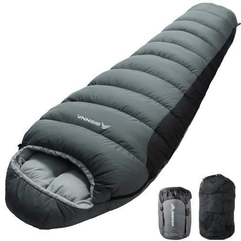 BISINNA Mummy Sleeping Bag for Adults 14-41℉ Cold Weather 3-4 Season Camping Sleeping Bags with Compression Sack for Backpacking Hiking Traveling (Gray)