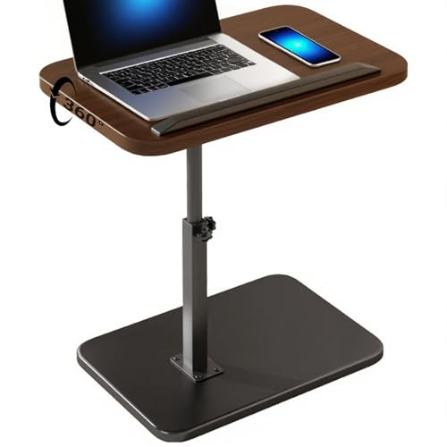 360° Drehbarer Höhenverstellbarer Beistelltisch,Kippbarer C-Tisch Mobil & Praktisch platzsparend für Couch Bett Ideal für Snacks Laptop Kleine Räume (Dunkles Walnussholz)