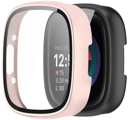 YAODLE Hülle für Fitbit Sense 2/Versa 4 Schutzhülle,PC Ultradünne HD Hartglas Glas Kratzfest 360° Rundum Displayschutz (Rosa)