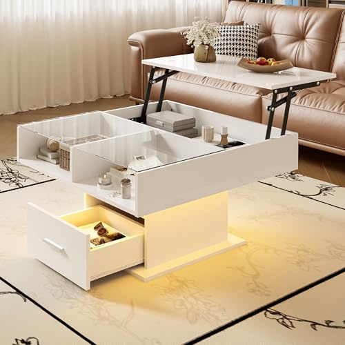 OKMYHOME Table Basse Relevable LED avec Tiroir, Blanche, 78 × 78 cm | Hauteur réglable 45.5–59.5 cm, rangement gain de place, design contemporain, pour salon