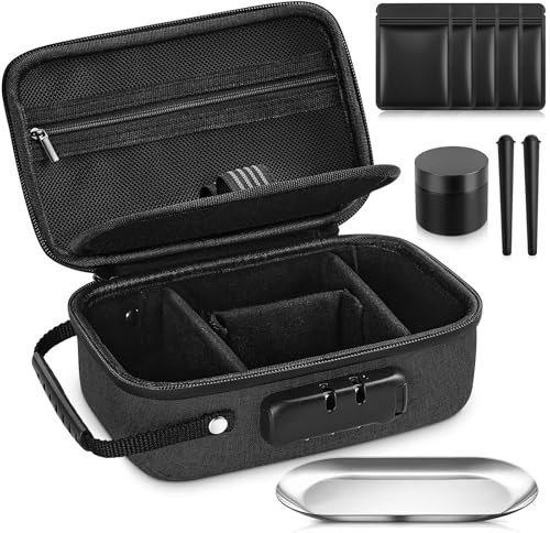 Smell Proof Bag with Accessories, Lockable Smell Proof Container Stash Box | Elegant Black, EVA, Lock, Complete Kit Includes 5 Smell Proof Baggies, 2 Conical Tubes, Smell Proof Jar and Storage Tray