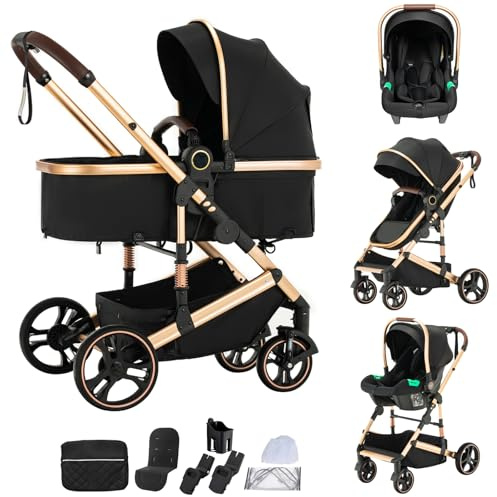 Mobayta kinderwagen 3 in 1 Kombikinderwagen für Neugeborene robustes leichtes Aluminiumgestell geeignet bis 22KG hochgestellter Kinderwagen vielseitig und praktisch Buggys (H9-BLACK, H9)