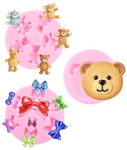 3 Bär Silikonform, Süßer Bär Silikon Backform Niedlich, Rosa Schleifen Silikonform, Fondant Formen Schleifen für DIY Torten Deko, Cupcakes, Candy, Fondant, Schokolade, Zuckersirup