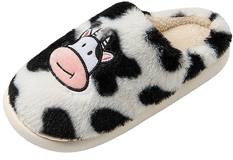 Generisch Carino Cartoon Mucca Pantofole In Cotone Per Le Donne Ciabattine Morbido Peluche Natale Ciabatte In Pelle Di Agnello, bianco, 36 EU