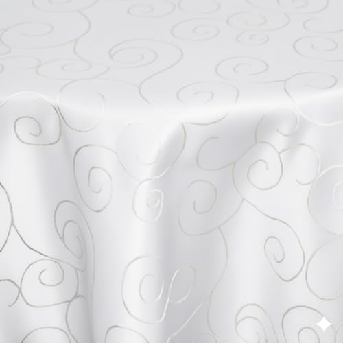 Tischdecke | Tafeldecke | Weiss - Oval -130x260cm | Tischtuch | Ornamenten-Muster | Damast | Seidenglanz | Pflegeleicht | Schmutzabweisend