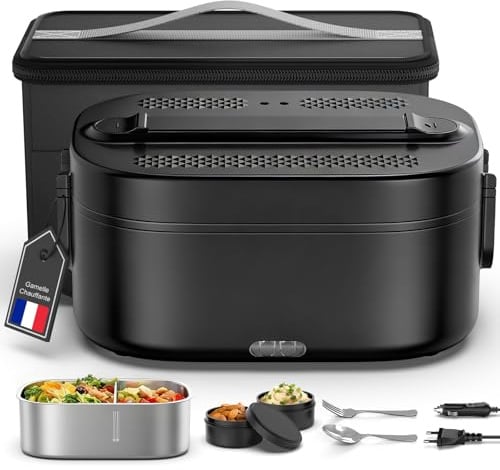 YEEFON Scaldavivande Elettrico Portatile 100W, 1,5L Porta Pranzo Riscaldabile con Borsa, Forchetta e Cucchiaio, 3 in 1 Lunch Box 220V/12V/24V, Acciaio Inox Rimovibile, per Auto Camion e Ufficio