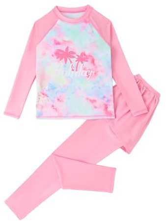 Traje de baño de dos piezas para niña de manga larga y camiseta + bañador, Rosa., 8-9 años