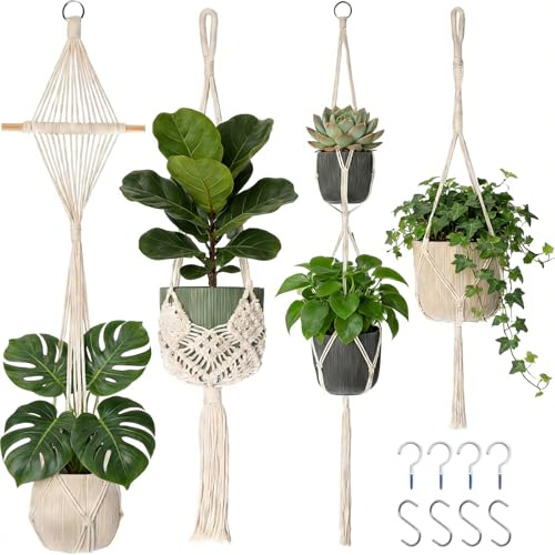 LOLANIUT Macetero Colgante Interior Juego de 4, Macramé con Ganchos, Macramé Boho para Plantas, Macramé con Cuerda de Algodón para Plantas Colgantes, Macetero Interior para Plantas de Balcón, Salón