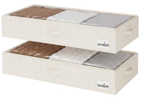 StorageWorks Unterbett Aufbewahrung, große Unterbett Aufbewahrungsbox mit Deckel Stoff, faltbare Unterbettkommode für Kleidung, Decken und Schuhe, Beige (Baumwolle-Leinen), 2 Stück