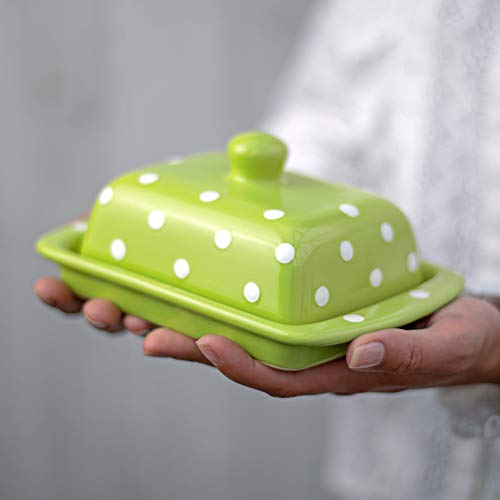 City to Cottage - Butterdose Keramik | Grün und Weiß | Polka Dots | Handgemacht | 250 Gramm Keramik Butterdose mit Deckel
