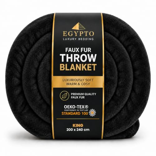 EGYPTO King Fleece Blanket 200cm x 240cm | Luxury Faux Fur Throws for Sofas | Anti-Allergy Cozy & Soft Throw | Versatile Black Throw Blanket for Sofa & Bed