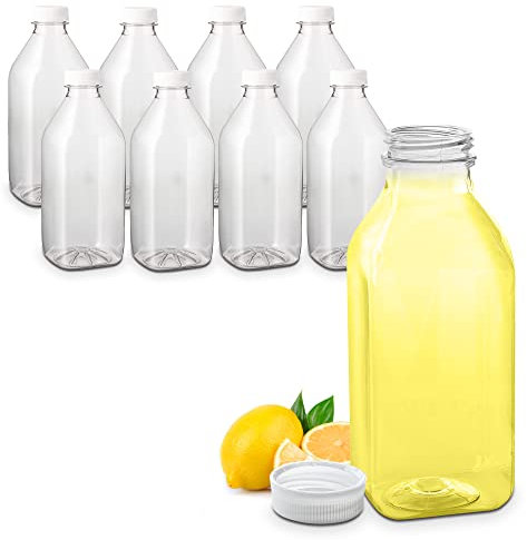 AM Bottle Supply 32 Oz. / 1 Quart Empty Clear PET Plastic Juice Bottles with Tamper Evident Caps by - Set of 8 Bottles and 8 Caps