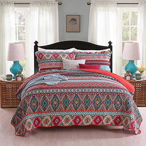 Qucover Tagesdecke Bunt Boho 250x270cm, Baumwolle Gesteppt, Bettüberwurf 240x260, 3-Teilig Mit Kissenbezug Set Für Doppelbett