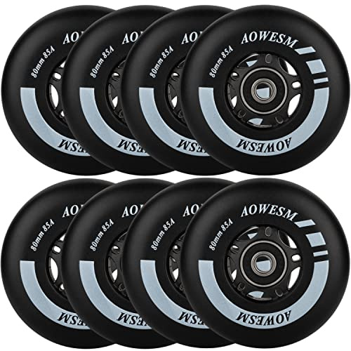 AOWESM Inline-Skate-Rollen, 80 mm, 76 mm, 72 mm, 85a, für drinnen und draußen, Schwarz, Blau, Rot, Ersatzrollen mit Kugellagern, ABEC-9 und schwimmenden Abstandshaltern (8 Stück) (Schwarz, 80 mm)