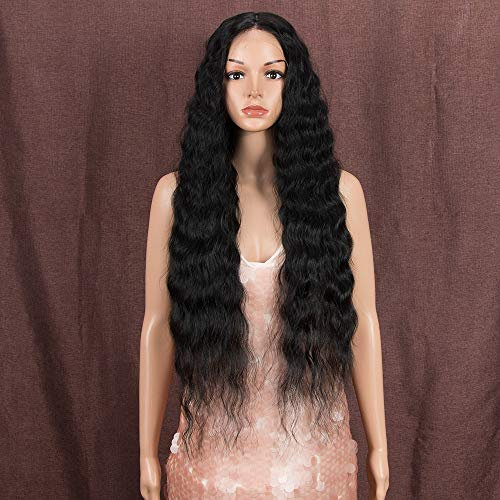 Style Icon Perücke mit Filmansatz Super Lange Lace Front Wigs für Frauen Kunsthaar Wasserwelle Perücken mit Mittelscheitel Damen Wig 76cm Kunstfaser synthetische Faser (1B)