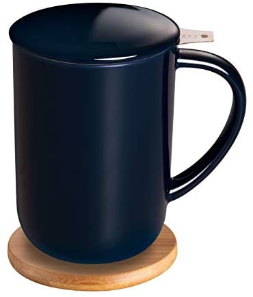 CEEFU Tasse à thé en porcelaine avec infuseur et couvercle, théière avec filtre et dessous de verre, tasse à thé en vrac, 473,6 g pour thé/café/lait/femme/bureau/maison/cadeau (bleu marine)