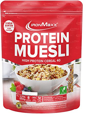 IronMaxx Proteine Muesli Cookies et Chocolat 550g | Muesli Vegan aux protéines de soja | Céréales protéinées -30% sucres | Riche en Fibres & Protéines Végétales | Idéal pour un petit-déjeuner Sain