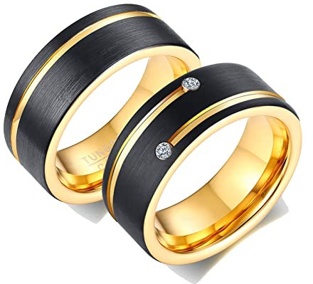 ANAZOZ 2 Stück Eheringe Paarpreis Wolfram 8mm Gebürstet Breit mit Zirkonia Ringe Herren Damen Verliebte Ringe Partnerringe Paar Schwarz Gold Eheringe Love Frau:57 (18.1) & Mann:62 (19.7)