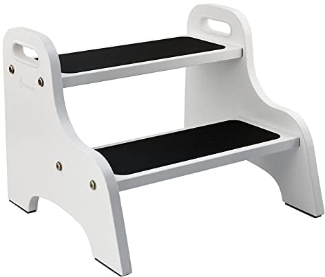 StrongTek Taburete de madera de 2 escalones para niños con superficie antideslizante, asas portátiles, almohadillas antideslizantes y capacidad de 350 libras, soporte multiusos resistente (blanco)