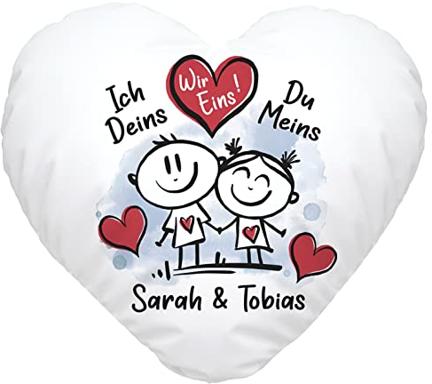 SpecialMe® Herzkissen personalisiert verliebte Strichmännchem Spruch Ich Deins Du Meins Wunschnamen Geschenk Liebe inkl. Füllung weiß Herz-Kissen