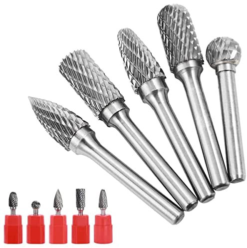 Treki Kit de 5PCS Fraises en Carbure de Tungstène Tige 6mm x 10mm Double Coupe Ensemble de Fraises Rotatives pour Sculpture sur Bois Métal Céramique Polissage Gravure
