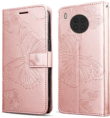 DENDICO Coque pour Huawei Honor 50 Lite/Huawei Nova 8i, Papillon Imprimé Housse en Cuir PU Magnétique Portefeuille, Étui à Rabat pour Huawei Honor 50 Lite/Huawei Nova 8i, Or Rose