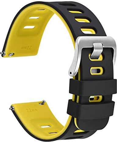 WOCCI 20mm Zweifarbig Uhrenarmband, Silikon Kautschuk, Ersatzband für Herren und Damen, Silberne Edelstahlschnalle (Schwarz-Gelb)