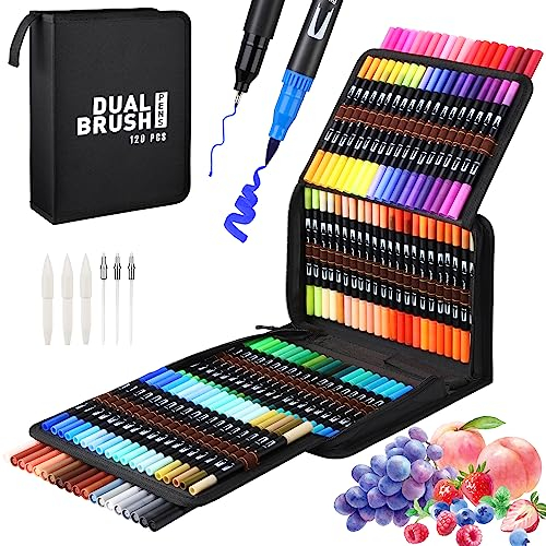 Mzh Art Dual Brush Pen Set 120 Farben Doppelfilzstifte, Malstifte für Kinder und Erwachsene, Faserschreiber und Fineliner Set für Aquarelle, Handlettering Mandala Kalligraphie Manga, 0.4 &1-2mm