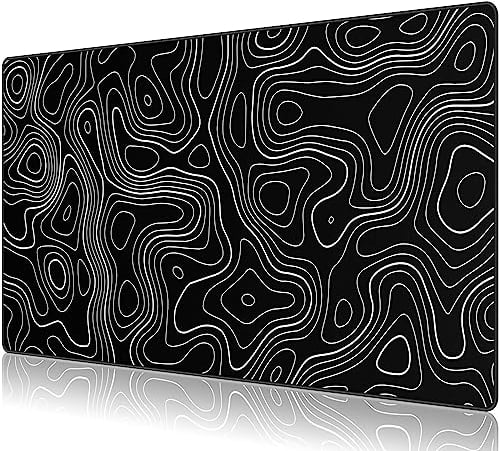 Anpollo Tappetino per mouse Large Gmaing con bordi cuciti, tessuto a microtessitura superiore, base antiscivolo, dimensioni 35,4 X 15,7X 0,12 pollici - contorno topografico nero