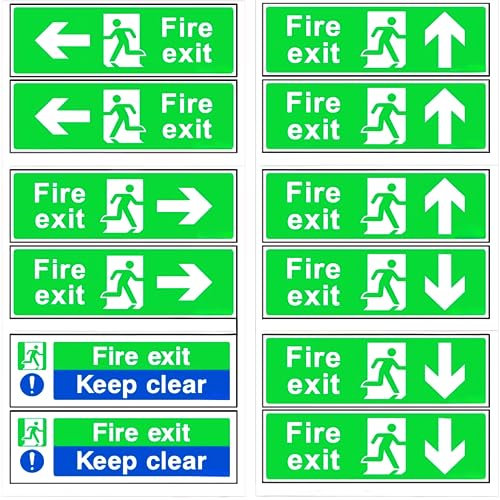 Lot de 12 panneaux de signalisation pour sortie d'incendie – 310 x 100 mm – Panneau « Keep Clear » – Panneau de sortie d'incendie – Flèches de sortie d'incendie – Aluminium antirouille