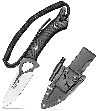 TONIFE Explorer Feststehendes Messer mit Scheide 8Cr14MoV Klinge Multifunktionales Überlebensmesser, Glasfaserverstärkter Nylongriff für Outdoor EDC Messer (Schwarz+Schwarz Titan und Satin)