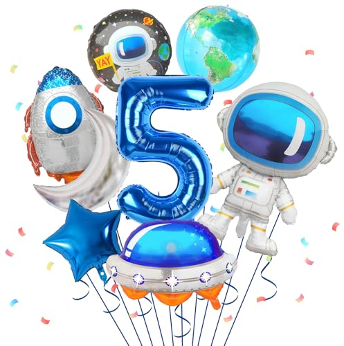 5. Geburtstag Junge, Geburtstagsdeko 5 Jahre Junge, 8 Stück Weltraum-Ballons Astronauten Raketen Ballon Raumschiff Ballon für Jungen Kindergeburtstag Dekorationen Universum Party Babyparty Zubehör