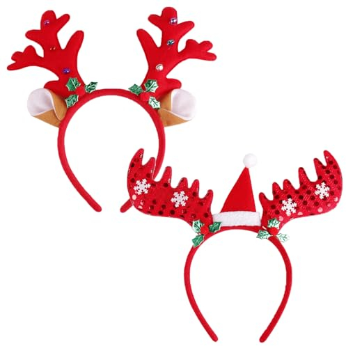KEELYY Haarreif Weihnachten, 2 Stück Rentier/Elch Geweih Haarreif Weihnachts Stirnbander Rot, Weihnachts Haarschmuck, perfekte Weihnachten Accessoire für Erwachsene & Kinder