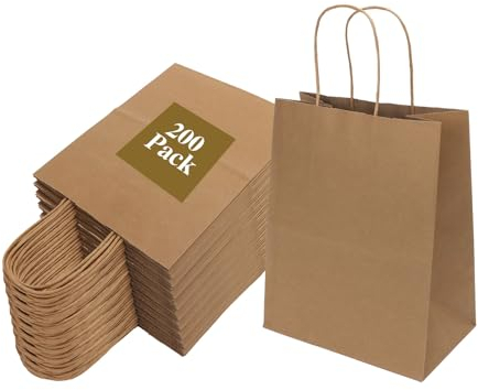 200 Stück 200 x 12,9 x 25,4 cm mittelbraune Papiertüten mit Griffen, Joybe Kraftpapier, Geschenktüten für Geburtstagsparty, Lebensmittel, Einzelhandel, Einkaufen, Geschäft, Goody Basteltüten