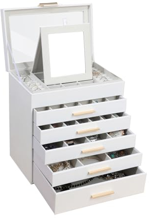 BOOVO Schmuckkästchen für Damen, weiß und schwarz, 6-lagig, große Schmuckschatulle für Halskette, Armband, Ohrringe, Ringe, Schmuckhalter, Organizer für Mädchen, Geschenk (transparent, weiß, 6 Ebenen)